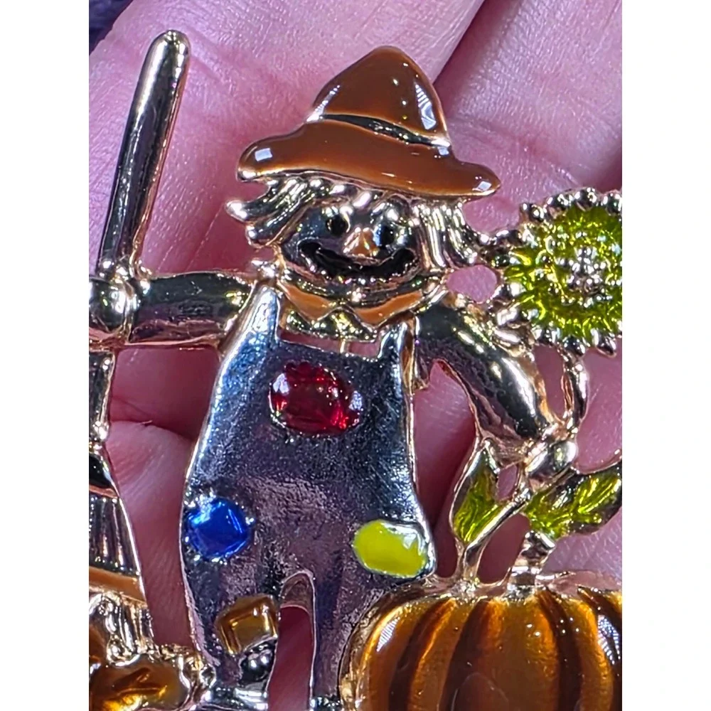 Fall Scarecrow Pin with Broom Pumpkin Sunflower Halloween Harvest Brooch